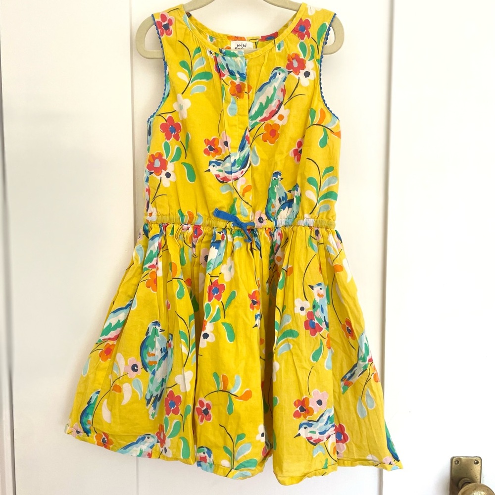 Mini Boden yellow bird/floral dress 6/7